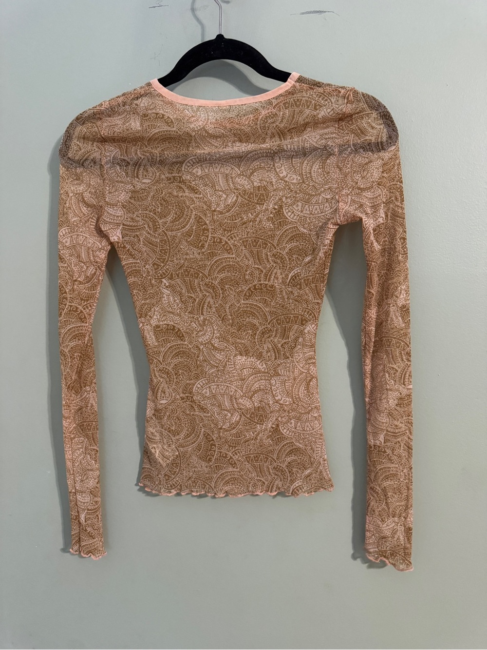 Urban Outfitters Sheer Lace-Pattern Long Sleeve Top in Peach and Tan - Picture 2 of 4